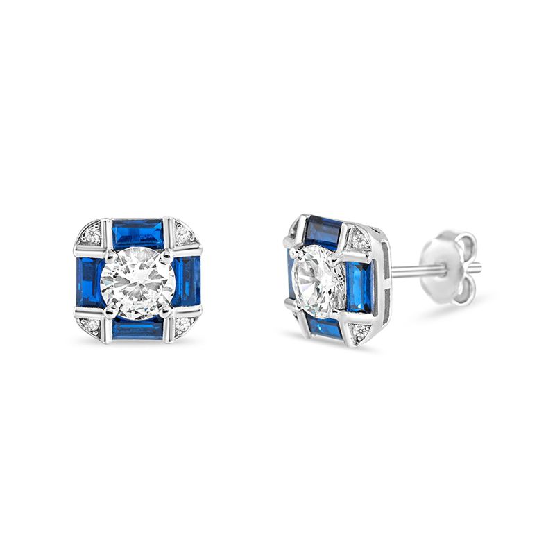 Sapphire-blue CZ Square 'Deco' Sterling Stud Earrings - Click Image to Close